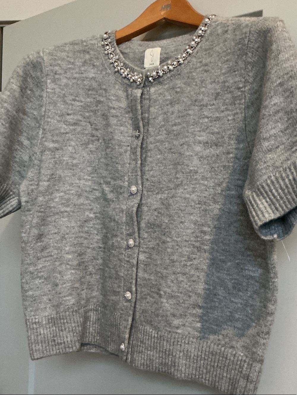 Joie Gray Crystal-Trim Short-Sleeve Cardigan